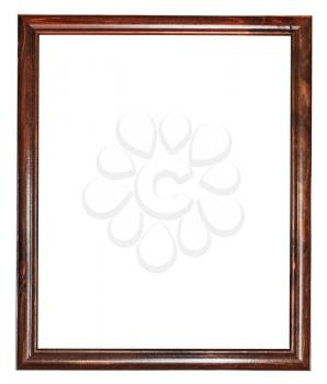 vertical narrow vintage dark brown wooden picture frame with cut out canvas isolated on white background