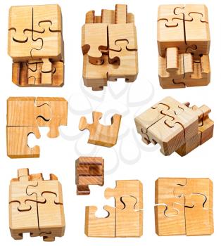set of three dimensional wooden mechanical puzzle close up