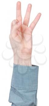 three count on fingers - hand gesture isolated on white background