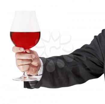 toast withred wine glass in businessman hand isolated on white background