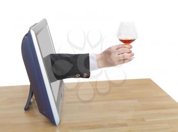 toast with brandy glass in businessman hand leans out TV screen isolated on white background