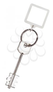 one double-sided key and square keychain on ring isolated on white background