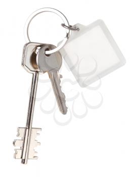 pair home keys and square keychain on ring isolated on white background
