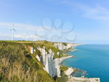 wind turbines on english channel shore in Normandy of Etretat cote d'albatre, France