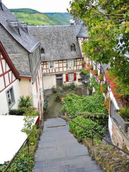 typical houses on narrow street in Beilstein village, Moselle region, Germany