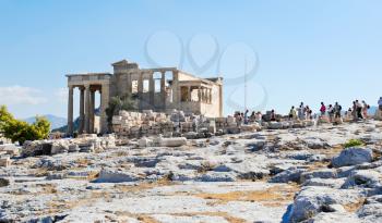 many tourists on historic Acropolis hill near Porch of the Caryatids, Athens, Greece
