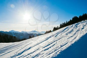 cold snow ski slope on Alps mountain in Portes du Soleil region, Morzine - Avoriaz, France