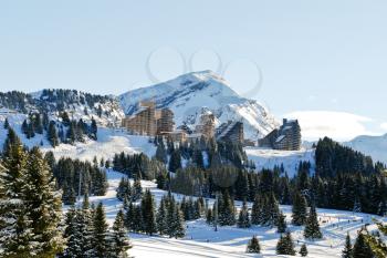 view of Avoriaz mountain town in Alps, Portes du Soleil region, France