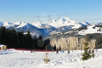 downhill skiing tracks on snow slopes in Portes du Soleil area, Morzine - Avoriaz, France