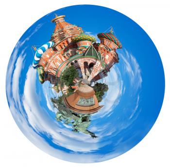 little planet - spherical view of Monument of Minin and Pozharsky and Saint Basil cathedral in Moscow, Russia isolated on white background