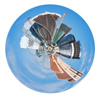 little planet - spherical panoramic view of Moscow city isolated on white background