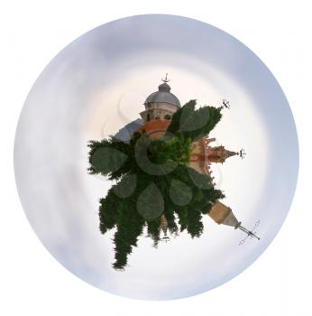 little planet - urban spherical view of Monastere de Cimiez in Nice, France in evening isolated on white background