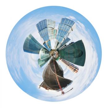 little planet - spherical panoramic skyline of Moscow city isolated on white background