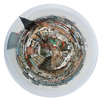 little planet - urban spherical view of London houses and roofs in winter cloudy day isolated on white background