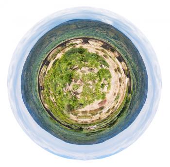 little planet - spherical view of rural sicilian landscape - citrous garden and stone bridge in dry riverbed, Sicily isolated on white background