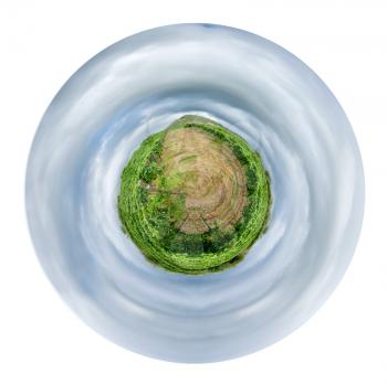 little planet - spherical view of vineyard under grey clouds in wine region Etna, Sicily isolated on white background