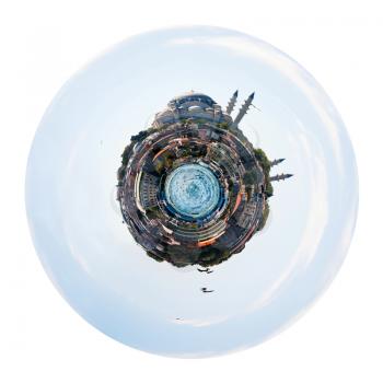 little planet - urban spherical skyline with waterfront of Golden Horn in Istanbul, Turkey isolated on white background