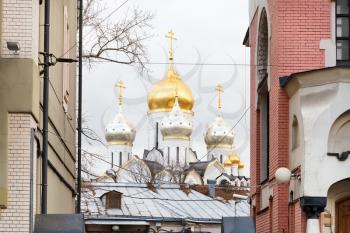 Moscow cityscape - dome of Zachatyevsky monastery cathedral on Ostozhenka street in autumn day