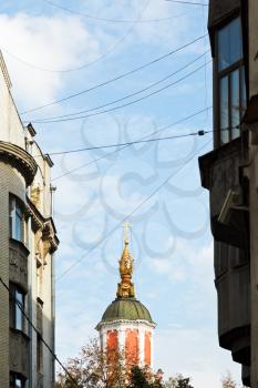 view of dome of Menshikov Tower (Church of Archangel Gabriel) from Krivokolenny lane in Moscow