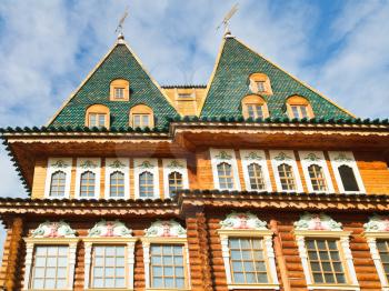 decorated windows and towers of Great Wooden Palace of Tsar Aleksey Mikhailovich Romanov in Kolomenskoe, Moscow