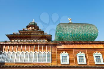 decorated windows and towers of Great Wooden Palace of russian Tsar Aleksey Mikhailovich Romanov in Kolomenskoe, Moscow