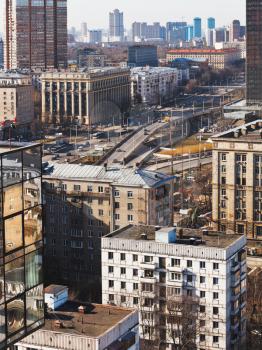 above view Volokolamskaya overpass - new traffic intersection on Leningradsky Avenue in Moscow