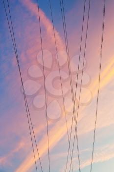 electrical wires with pink sunset clouds in blue spring sky background