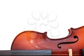 copyspace and half of classical wooden violin isolated on white background