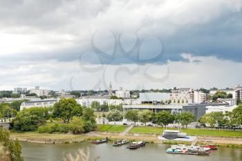 view of urban port on La Maine river in Angers city, France
