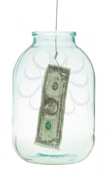 catching the last dollar from glass jar isolated on white background