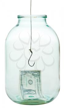 one dollar banknote on bottom of jar and fishhook isolated on white background