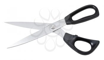open modern dressmaker shears with black handles isolated on white background