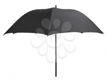 side view of open black umbrella isolated on white background