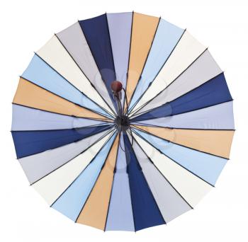 rear view of open striped multicolored umbrella isolated on white background