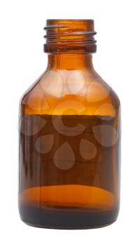 side view of open brown glass oval pharmacy bottle isolated on white background