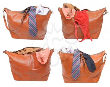 set of leather handbags with female and male clothes isolated on white background