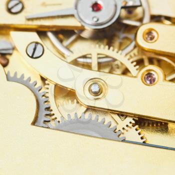 gears of brass mechanical movement of retro watch close up