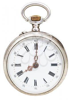 eight o'clock on the dial of retro pocket watch isolated on white background