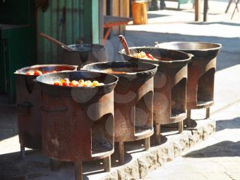 cooking of tatar dishes in outdoor cafe in Crimea