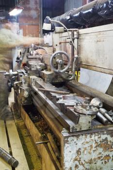 old metalworking lathe machine in turning workshop