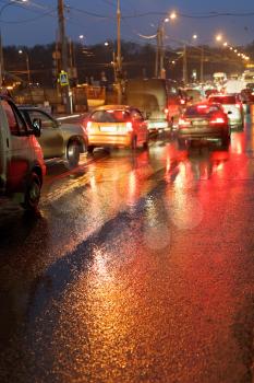 urban traffic in rainy night in Moscow