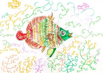 child's drawing - multi-color fish fish between algae by felt-tip pen