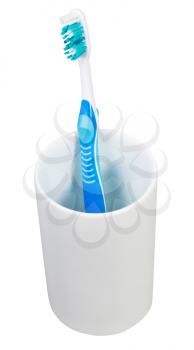 one blue tooth brush in ceramic glass isolated on white background