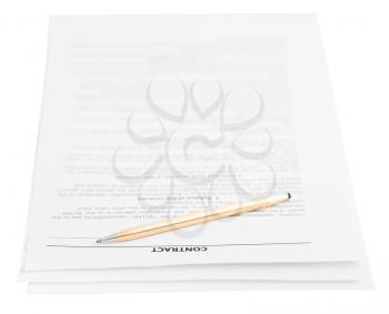 three pages of sales contract and golden pen isolated on white background