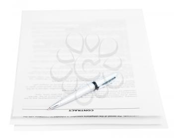 three pages of sales contract and silver pen isolated on white background
