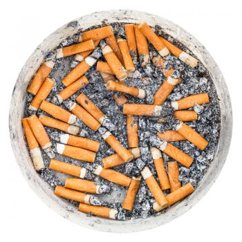 many cigarette butts in plastic ashpot isolated on white background