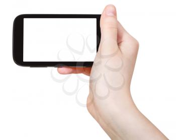 hand holds smart phone with cut out screen isolated on white background