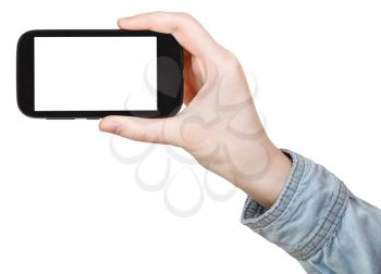 hand in shirt holding touchscreen phone with cut out screen phone isolated on white background