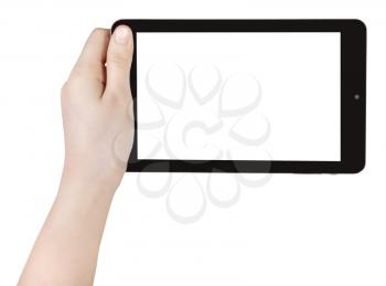 child's hand holding tablet pc with cut out screen isolated on white background