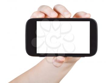 child holds smart phone with cut out screen isolated on white background